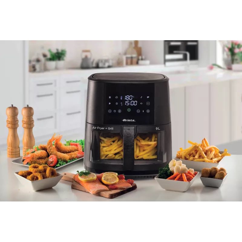 Ariete 4630 Õhufritüür 9L, 1300W, Mahutavus 9L, Toiduvalmistamise maht 2,5 kg, 8 eelseadistatud programmi, Temperatuur kuni 200°, Läbipaistev korv toiduvalmistamise kontrollimiseks, Must