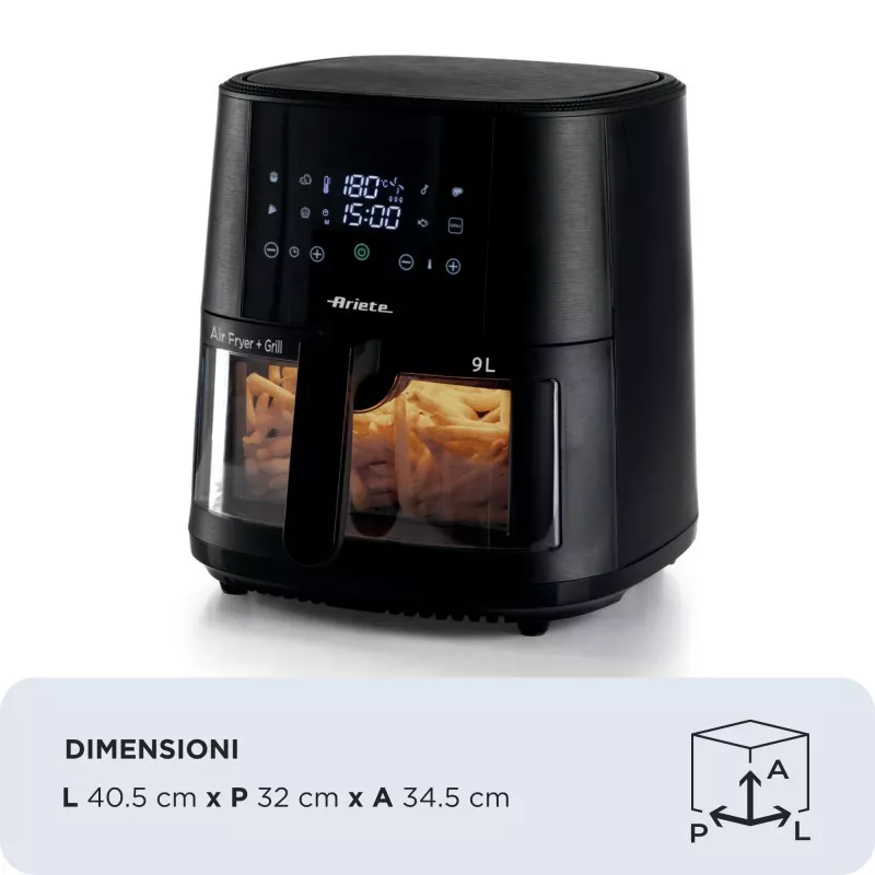 Ariete 4630 Õhufritüür 9L, 1300W, Mahutavus 9L, Toiduvalmistamise maht 2,5 kg, 8 eelseadistatud programmi, Temperatuur kuni 200°, Läbipaistev korv toiduvalmistamise kontrollimiseks, Must