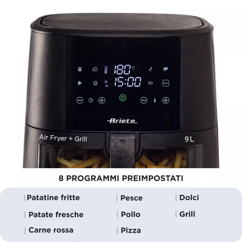 Ariete 4630 Õhufritüür 9L, 1300W, Mahutavus 9L, Toiduvalmistamise maht 2,5 kg, 8 eelseadistatud programmi, Temperatuur kuni 200°, Läbipaistev korv toiduvalmistamise kontrollimiseks, Must