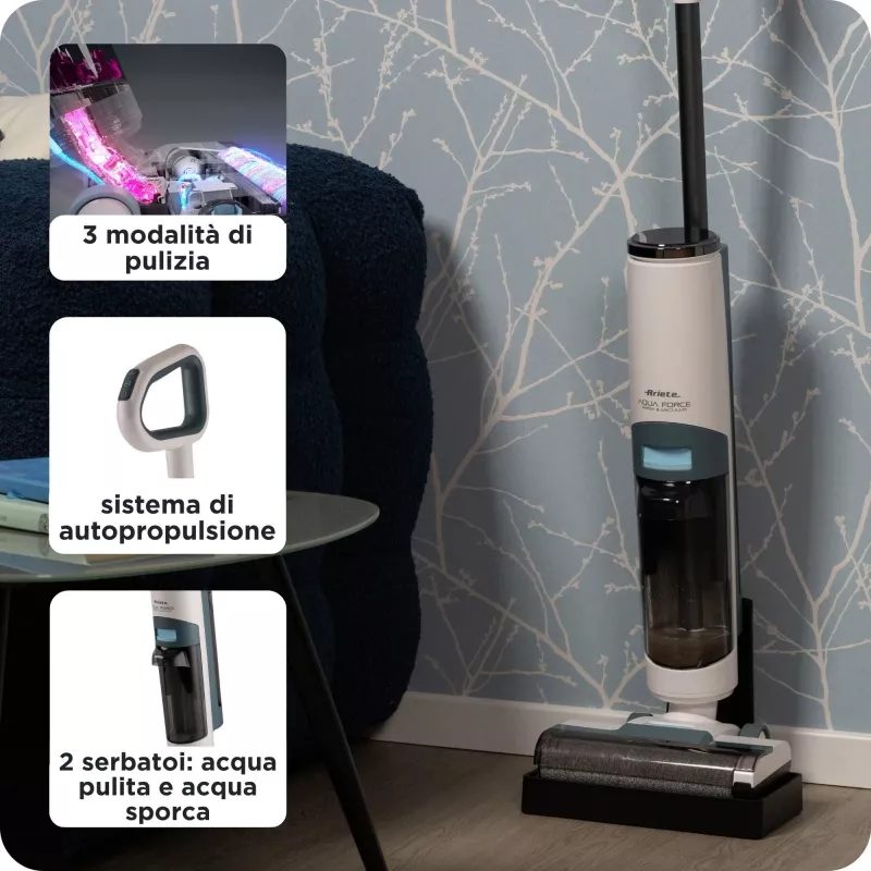Ariete 2483 Aqua Force Wash & Vacuum, nutikas tolmuimeja, juhtmevaba põrandapuhastusvahend, juhtmevaba, imeb ja puhastab, lemmikloomakarvad, kuiv ja märg mustus, 700 ml mahutavus, tarvikud kaasas