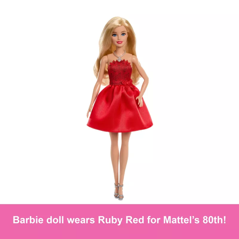 Barbie Mattel 80. aastapäeva rubiinpunane pidulik moenukk, punases kleidis koos aksessuaaridega