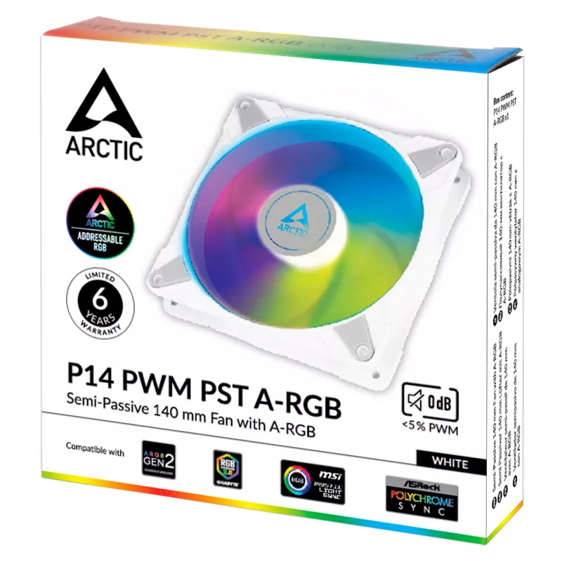 ARCTIC P14 PWM PST A-RGB - Poolpassiivne 140 mm korpusventilaator digitaalse A-RGB-ga valges