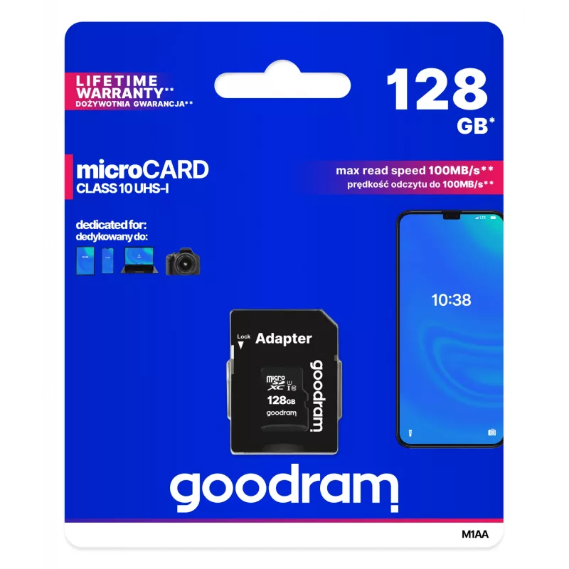 MicroSDXC välkmälu GOODRAM 128GB UHS-I Class 10 (lugemine 100 MB/s, kirjutamine 10 MB/s) SD-adapteriga