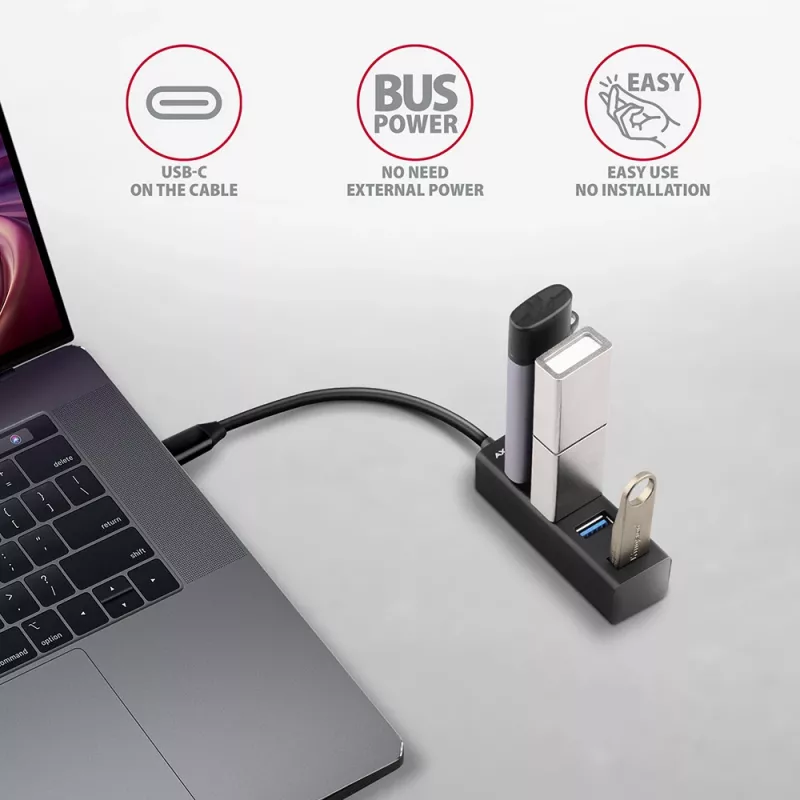 Axagon HUE-M1C 4x USB 3.2 Gen 1 MINI jaotur, metallist, 20 cm USB-C kaabel