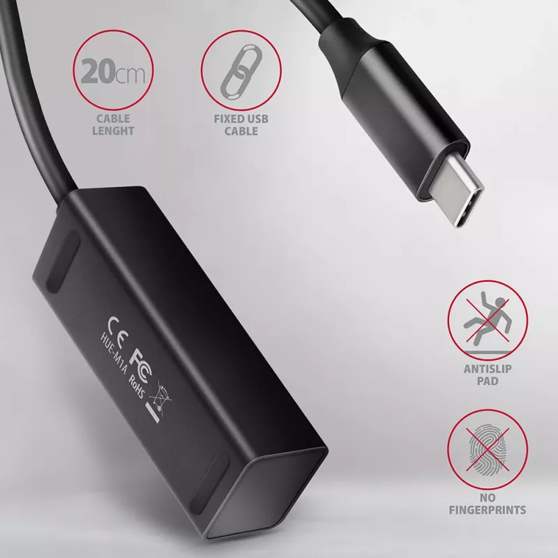 Axagon HUE-M1C 4x USB 3.2 Gen 1 MINI jaotur, metallist, 20 cm USB-C kaabel