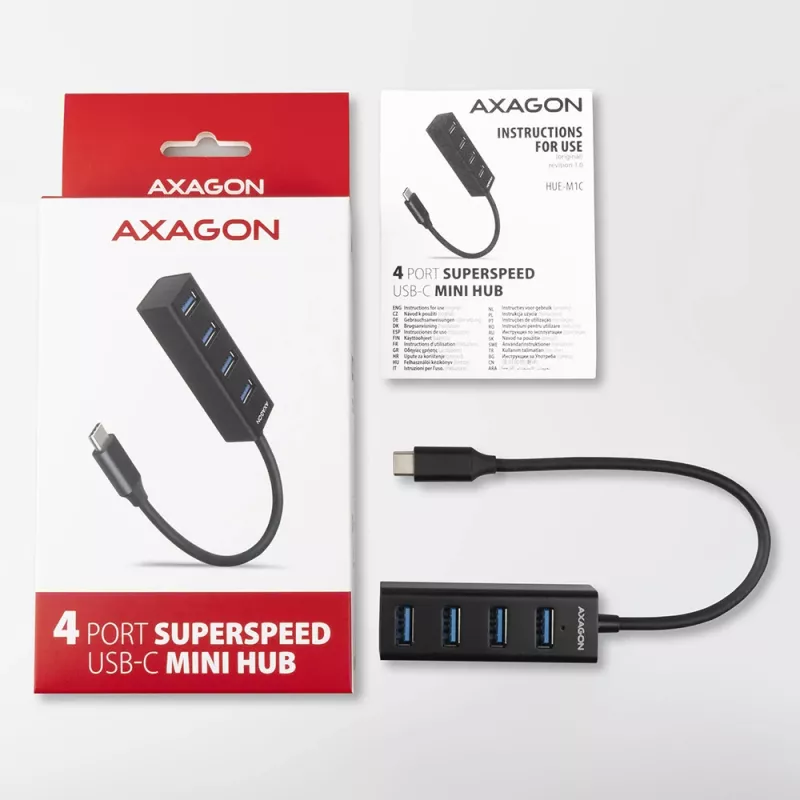 Axagon HUE-M1C 4x USB 3.2 Gen 1 MINI jaotur, metallist, 20 cm USB-C kaabel