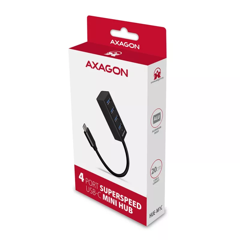 Axagon HUE-M1C 4x USB 3.2 Gen 1 MINI jaotur, metallist, 20 cm USB-C kaabel