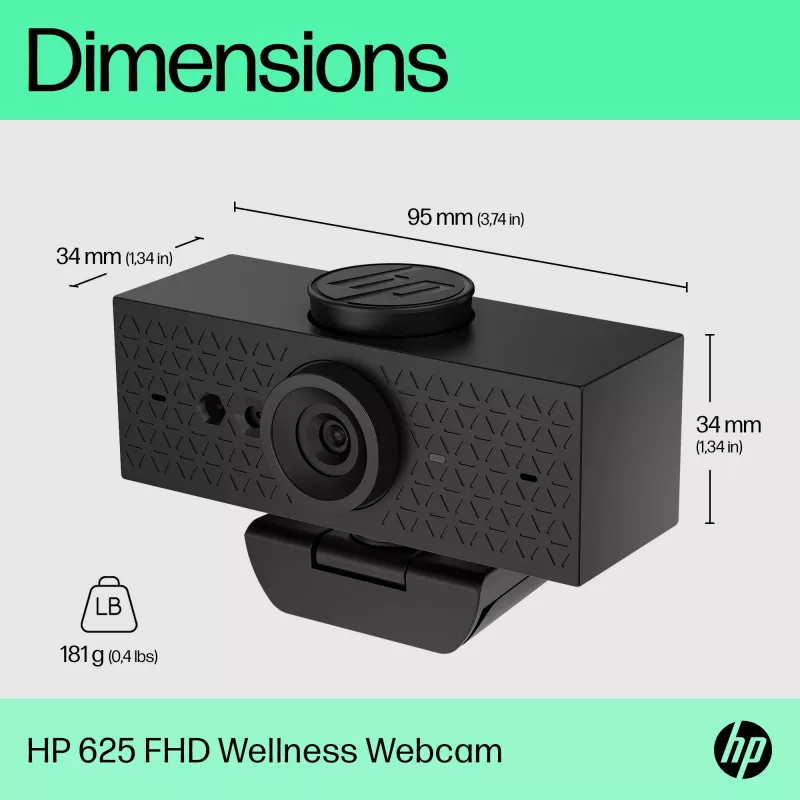 HP 625 FHD veebikaamera, 4 MP, 1920 x 1080 pikslit, Full HD, äriklass, USB, must