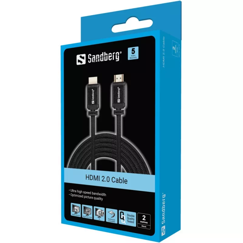 Sandberg HDMI 2.0 kaabel 19M-19M, 2 m, HDMI tüüp A (standardne), HDMI tüüp A (standardne), must