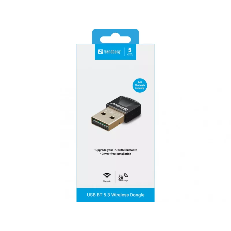 Sandberg USB BT 5.3 juhtmevaba dongel, juhtmevaba, USB, Bluetooth, 3 Mbit/s, must