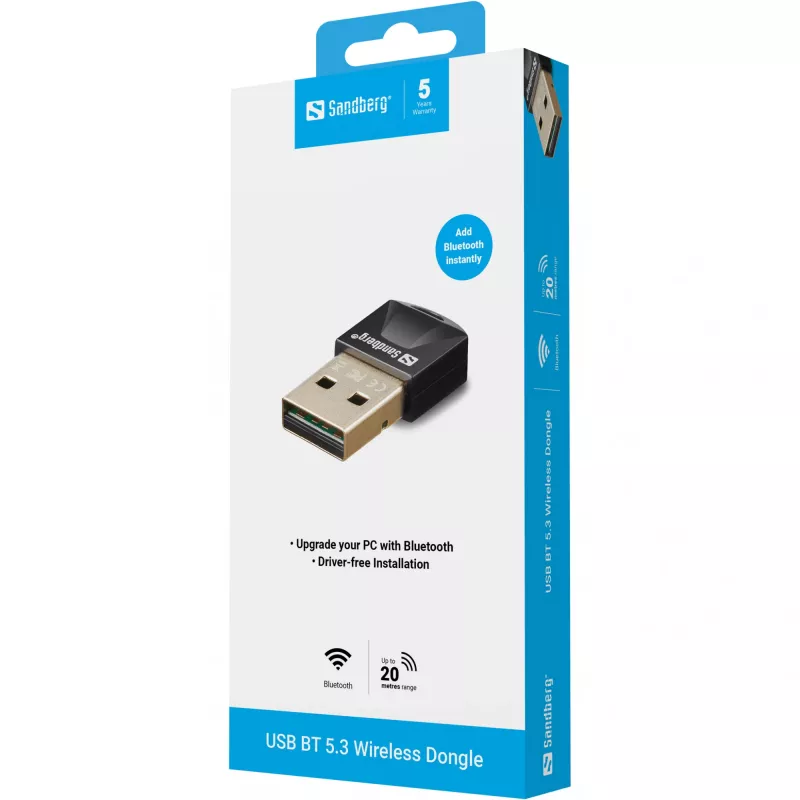 Sandberg USB BT 5.3 juhtmevaba dongel, juhtmevaba, USB, Bluetooth, 3 Mbit/s, must