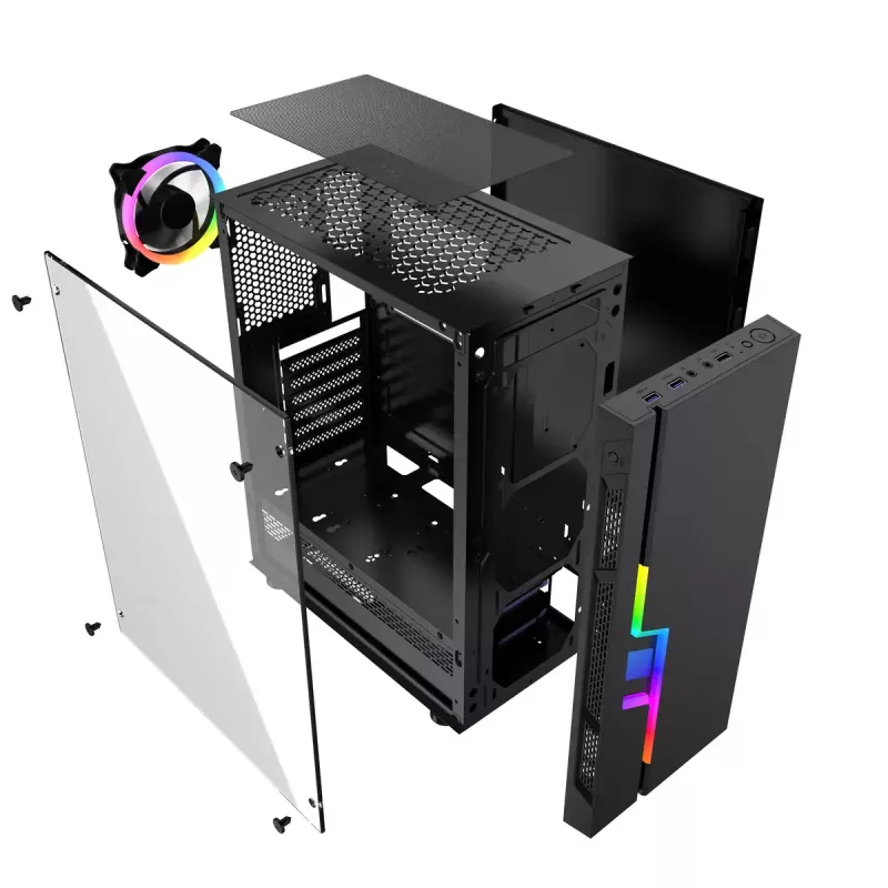 PC-korpus GEMBIRD Fornax 2000 RGB Midi Tower Must — Micro ATX/ITX/ATX, 1x120mm tagumine ventilaator, 2x2,5-tollist pesa, 2x3.0 USB-A, karastatud klaas