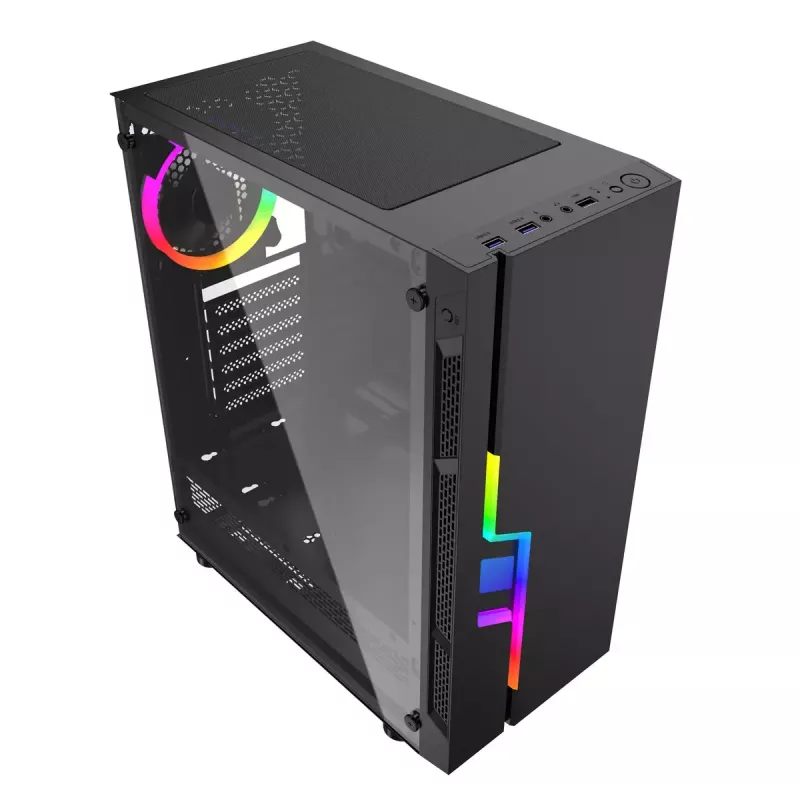 PC-korpus GEMBIRD Fornax 2000 RGB Midi Tower Must — Micro ATX/ITX/ATX, 1x120mm tagumine ventilaator, 2x2,5-tollist pesa, 2x3.0 USB-A, karastatud klaas