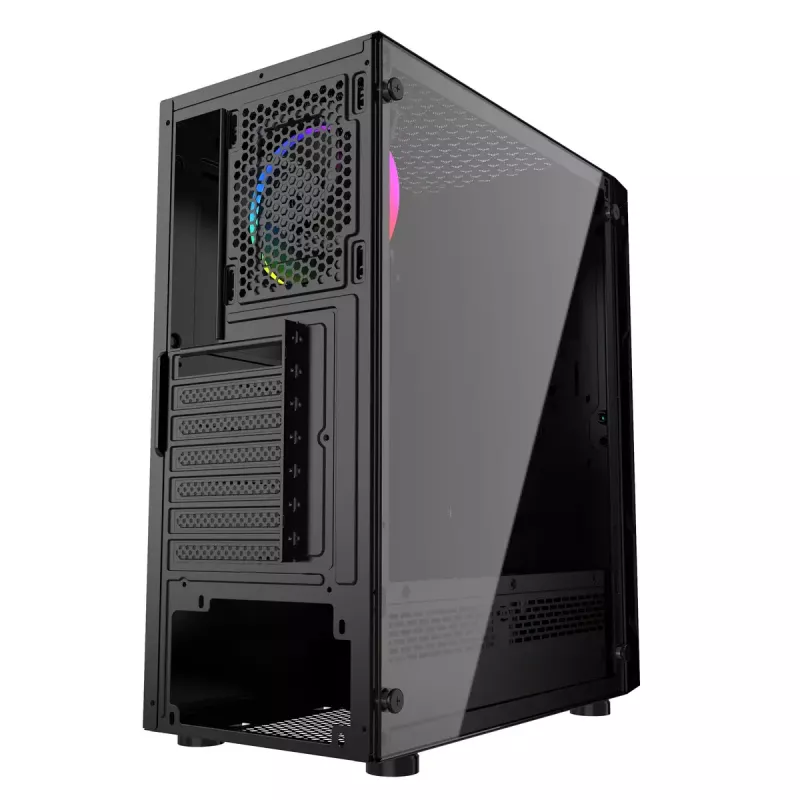 PC-korpus GEMBIRD Fornax 2000 RGB Midi Tower Must — Micro ATX/ITX/ATX, 1x120mm tagumine ventilaator, 2x2,5-tollist pesa, 2x3.0 USB-A, karastatud klaas