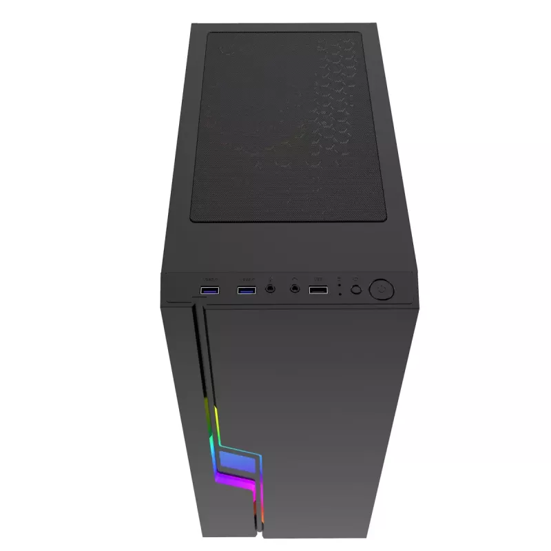 PC-korpus GEMBIRD Fornax 2000 RGB Midi Tower Must — Micro ATX/ITX/ATX, 1x120mm tagumine ventilaator, 2x2,5-tollist pesa, 2x3.0 USB-A, karastatud klaas
