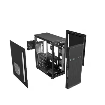 PC-korpus GEMBIRD Fornax 160 Mini Tower — must, SPCC, toetab ITX/mATX/ATX, 1×3,5-tolline + 3×2,5-tollist sahtlit, 7 laienduspesa, 445×185×390 mm