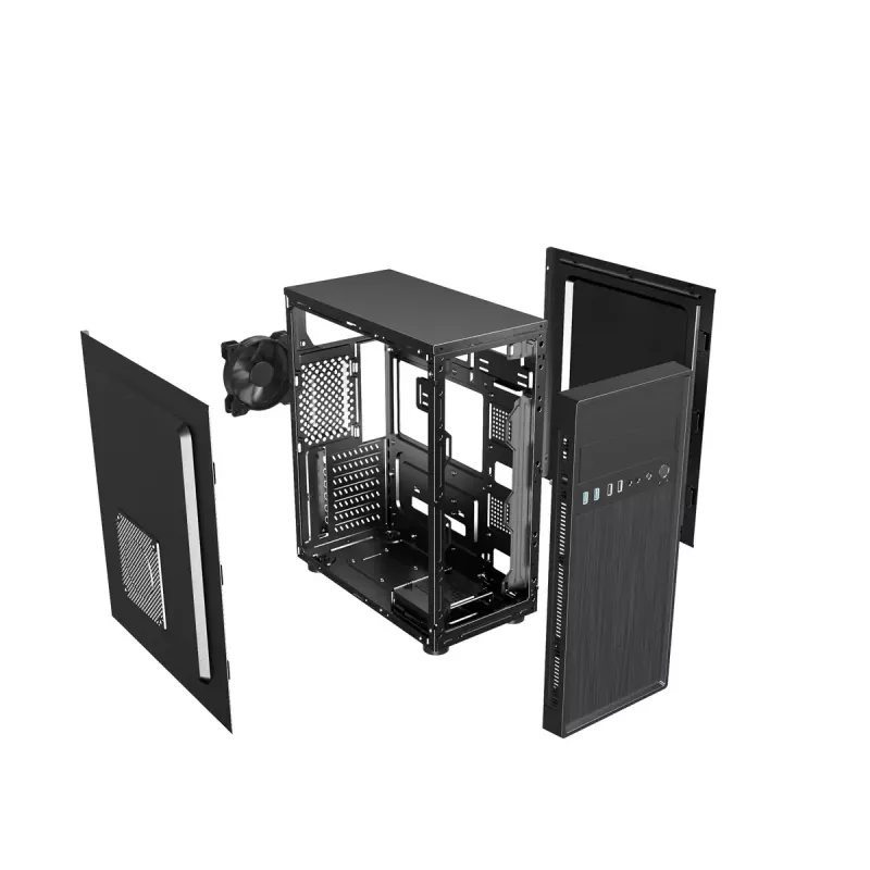 PC-korpus GEMBIRD Fornax 160 Mini Tower — must, SPCC, toetab ITX/mATX/ATX, 1×3,5-tolline + 3×2,5-tollist sahtlit, 7 laienduspesa, 445×185×390 mm