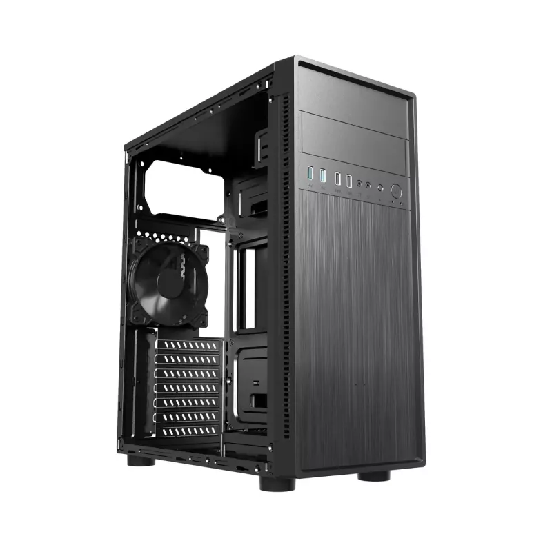PC-korpus GEMBIRD Fornax 160 Mini Tower — must, SPCC, toetab ITX/mATX/ATX, 1×3,5-tolline + 3×2,5-tollist sahtlit, 7 laienduspesa, 445×185×390 mm
