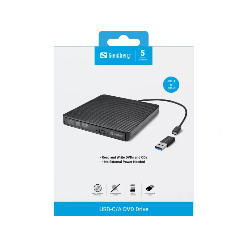 Sandberg USB-C/A DVD-seade, Must, Salv, Lauaarvuti/sülearvuti, DVD Super Multi DL, USB Type-C, CD-R, CD-ROM, CD-RW, DVD+R DL, DVD-R, DVD-R DL, DVD-RAM, DVD-ROM, DVD-RW