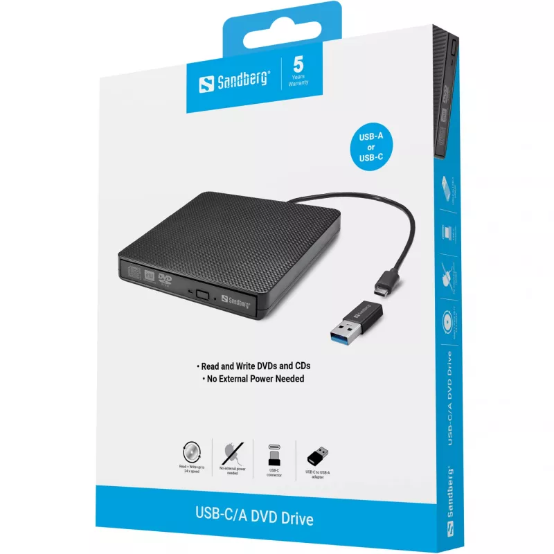 Sandberg USB-C/A DVD-seade, Must, Salv, Lauaarvuti/sülearvuti, DVD Super Multi DL, USB Type-C, CD-R, CD-ROM, CD-RW, DVD+R DL, DVD-R, DVD-R DL, DVD-RAM, DVD-ROM, DVD-RW