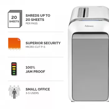 Fellowes LX Series Paper Shredder LX221 20 Sheet Micro Cut Shredder with 30 Litre Pull Out Bin Superior Security P5 Valge