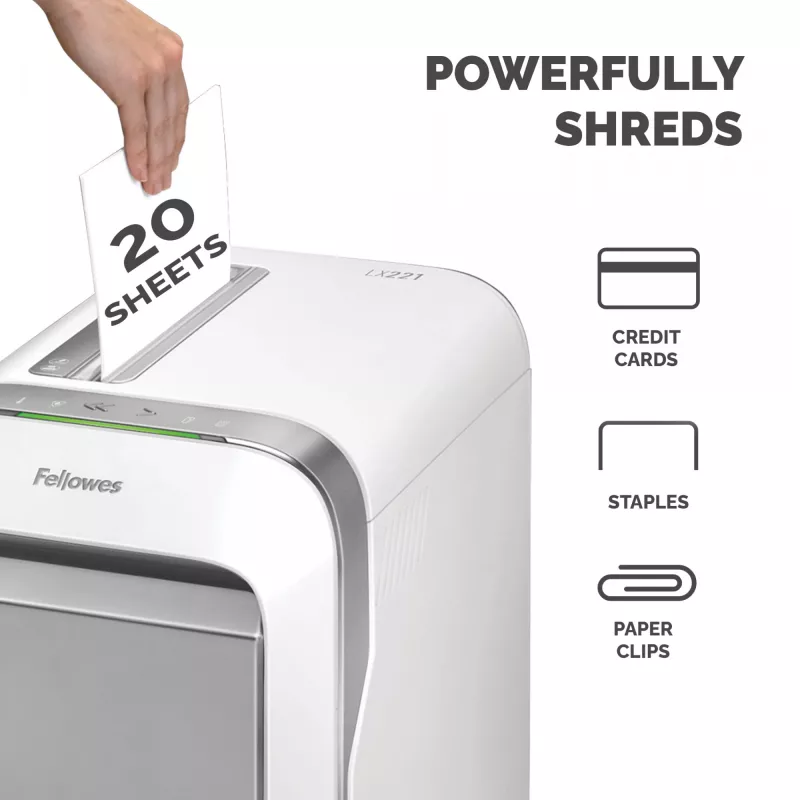 Fellowes LX Series Paper Shredder LX221 20 Sheet Micro Cut Shredder with 30 Litre Pull Out Bin Superior Security P5 Valge