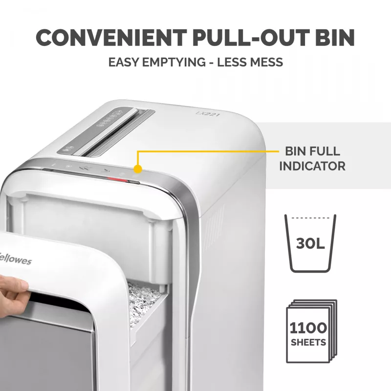 Fellowes LX Series Paper Shredder LX221 20 Sheet Micro Cut Shredder with 30 Litre Pull Out Bin Superior Security P5 Valge