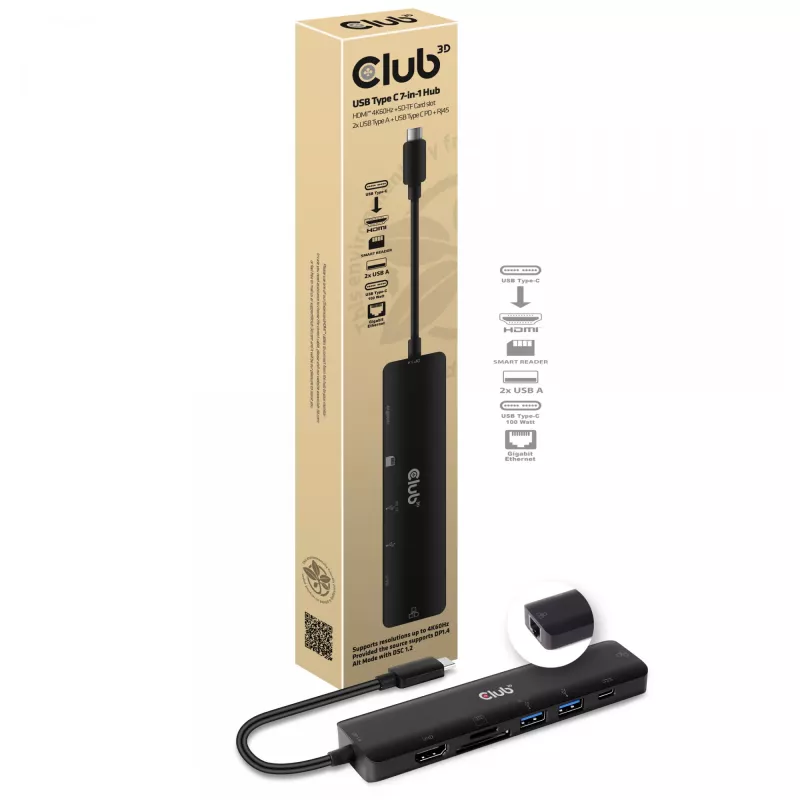 CLUB3D USB-tüüp C 7-ühes jaotur HDMI 4K60Hz SD TF kaardipesa 2x USB-tüüp A USB-tüüp C PD RJ45 töötab Thunderbolt 3-ga