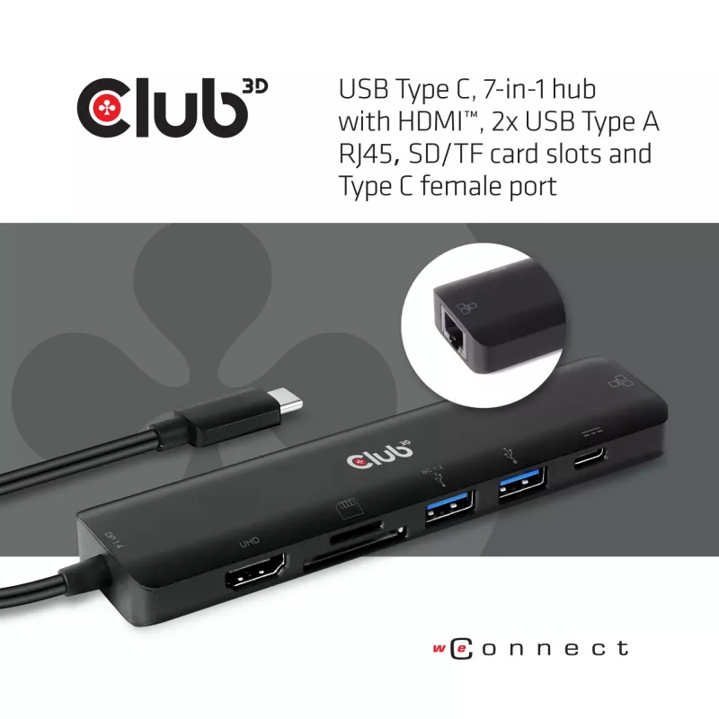 CLUB3D USB-tüüp C 7-ühes jaotur HDMI 4K60Hz SD TF kaardipesa 2x USB-tüüp A USB-tüüp C PD RJ45 töötab Thunderbolt 3-ga