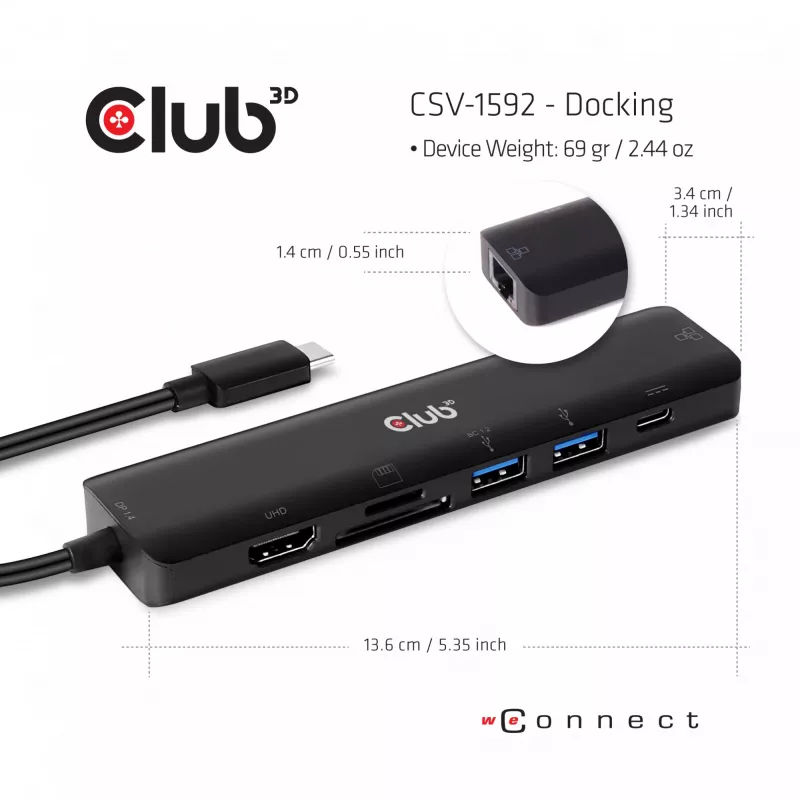CLUB3D USB-tüüp C 7-ühes jaotur HDMI 4K60Hz SD TF kaardipesa 2x USB-tüüp A USB-tüüp C PD RJ45 töötab Thunderbolt 3-ga