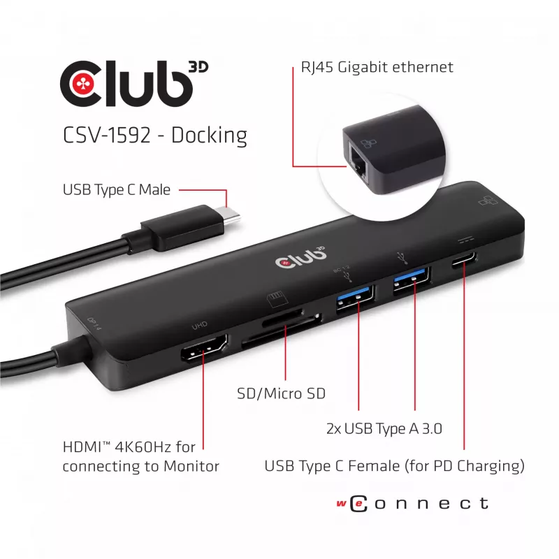 CLUB3D USB-tüüp C 7-ühes jaotur HDMI 4K60Hz SD TF kaardipesa 2x USB-tüüp A USB-tüüp C PD RJ45 töötab Thunderbolt 3-ga