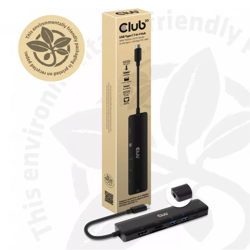 CLUB3D USB-tüüp C 7-ühes jaotur HDMI 4K60Hz SD TF kaardipesa 2x USB-tüüp A USB-tüüp C PD RJ45 töötab Thunderbolt 3-ga