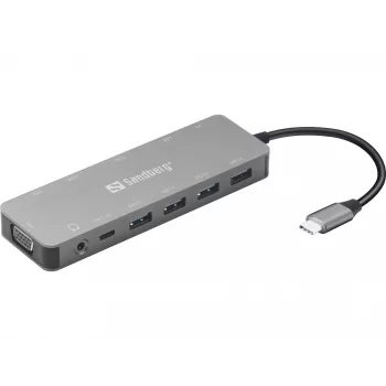 Sandberg USB-C 13-in-1 reisidokk, USB USB-C, 100 W toiteedastus, Ethernet 1000 Mbit/s