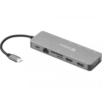 Sandberg USB-C 13-in-1 reisidokk, USB USB-C, 100 W toiteedastus, Ethernet 1000 Mbit/s