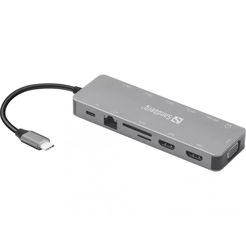 Sandberg USB-C 13-in-1 reisidokk, USB USB-C, 100 W toiteedastus, Ethernet 1000 Mbit/s