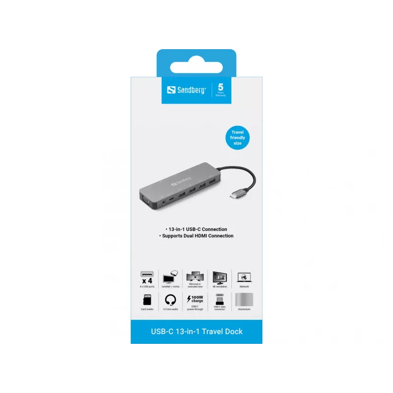 Sandberg USB-C 13-in-1 reisidokk, USB USB-C, 100 W toiteedastus, Ethernet 1000 Mbit/s