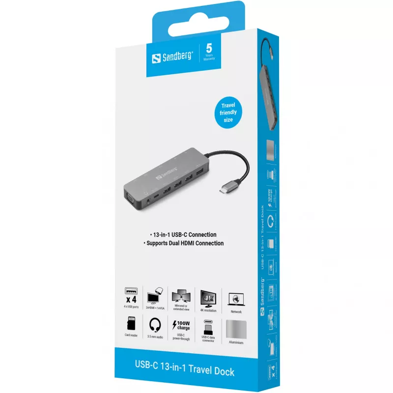 Sandberg USB-C 13-in-1 reisidokk, USB USB-C, 100 W toiteedastus, Ethernet 1000 Mbit/s