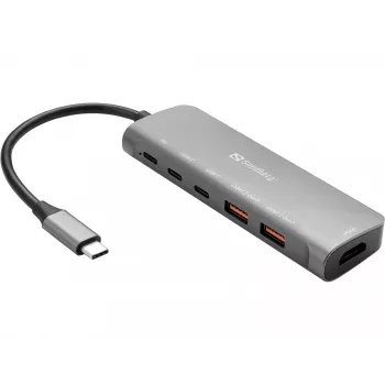 Sandberg USB-C dokk HDMI + 2xUSB-A + 2xUSB-C + PD100W, juhtmega, USB 3.2 Gen 1 (3.1 Gen 1) Type-C, 100 W, Alumiinium, 4K Ultra HD, 3840 x 2160 pikslit
