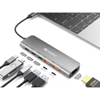 Sandberg USB-C dokk HDMI + 2xUSB-A + 2xUSB-C + PD100W, juhtmega, USB 3.2 Gen 1 (3.1 Gen 1) Type-C, 100 W, Alumiinium, 4K Ultra HD, 3840 x 2160 pikslit