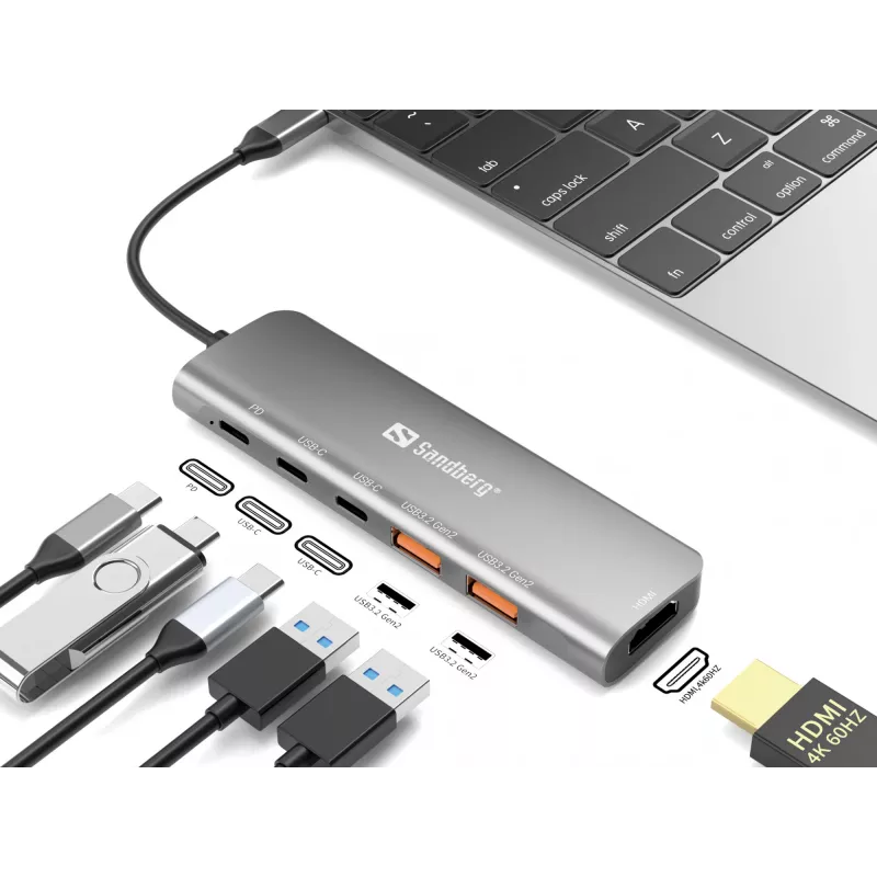 Sandberg USB-C dokk HDMI + 2xUSB-A + 2xUSB-C + PD100W, juhtmega, USB 3.2 Gen 1 (3.1 Gen 1) Type-C, 100 W, Alumiinium, 4K Ultra HD, 3840 x 2160 pikslit