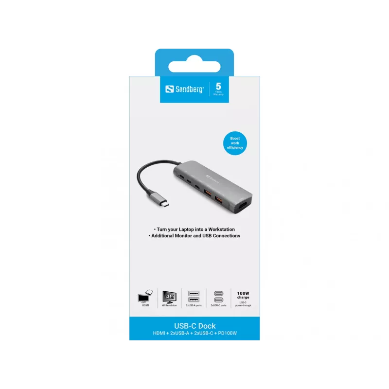 Sandberg USB-C dokk HDMI + 2xUSB-A + 2xUSB-C + PD100W, juhtmega, USB 3.2 Gen 1 (3.1 Gen 1) Type-C, 100 W, Alumiinium, 4K Ultra HD, 3840 x 2160 pikslit