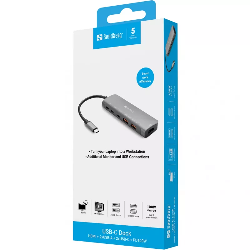 Sandberg USB-C dokk HDMI + 2xUSB-A + 2xUSB-C + PD100W, juhtmega, USB 3.2 Gen 1 (3.1 Gen 1) Type-C, 100 W, Alumiinium, 4K Ultra HD, 3840 x 2160 pikslit