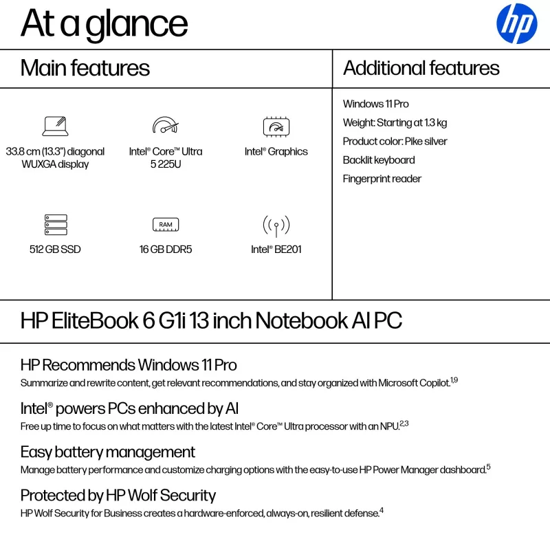 HP EliteBook 6 G1i Intel Core Ultra 5 225U sülearvuti 33,8 cm (13,3 tolli) WUXGA 16 GB DDR5-SDRAM Wi-Fi 7 (802.11be) Windows 11 Pro AI PC hõbedane