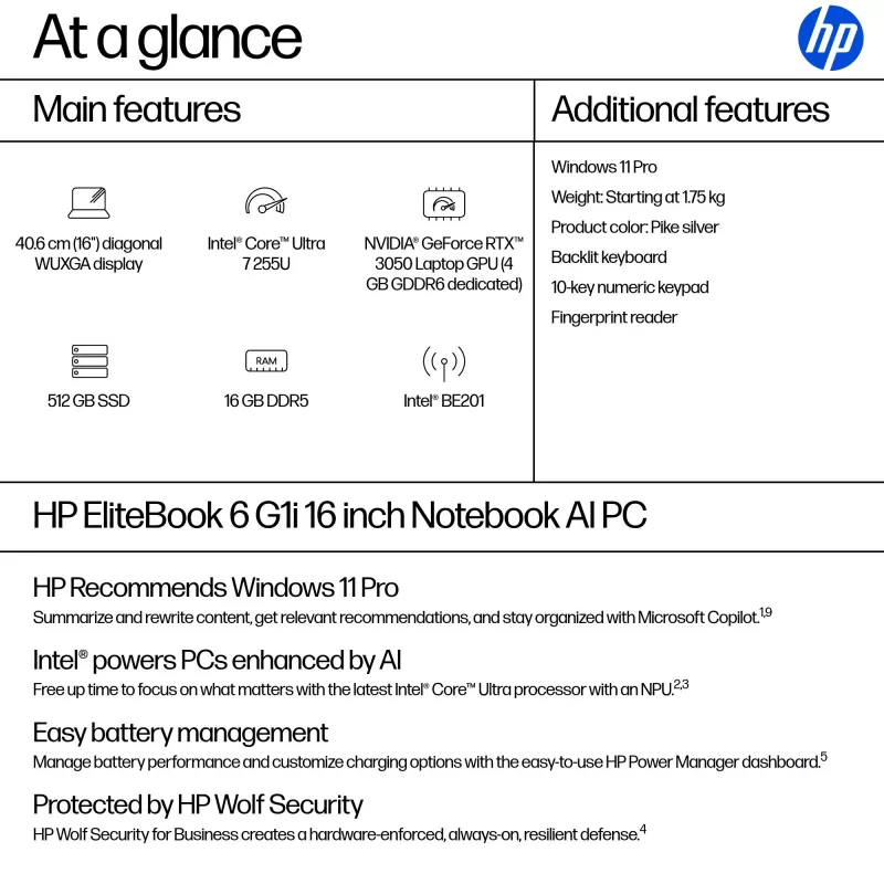 HP EliteBook 6 G1i Intel Core Ultra 7 255U sülearvuti 40,6 cm (16 tolli) WUXGA 16 GB DDR5-SDRAM Wi-Fi 7 (802.11be) Windows 11 Pro AI PC hõbedane