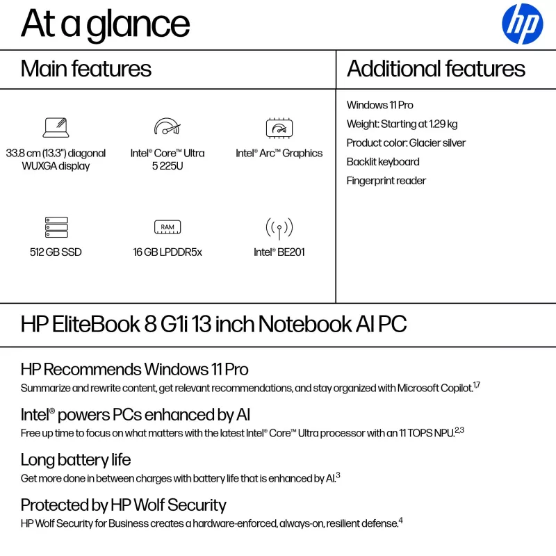HP EliteBook 8 G1i AI Intel Core Ultra 5 225U sülearvuti 33,8 cm (13,3 tolli) WUXGA 16 GB LPDDR5x-SDRAM Wi-Fi 7 (802.11be) Windows 11 Pro AI PC