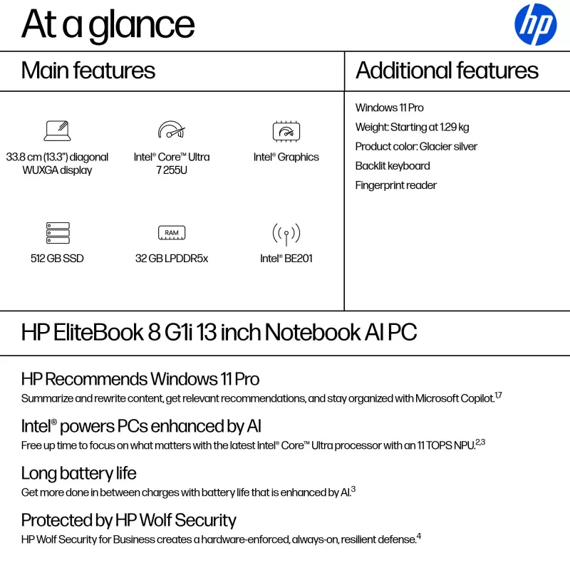 HP EliteBook 8 G1i AI PC Intel Core Ultra 7 255U sülearvuti 33,8 cm (13,3 tolli) WUXGA 32 GB LPDDR5x-SDRAM Wi-Fi 7 (802.11be) Windows 11 Pro