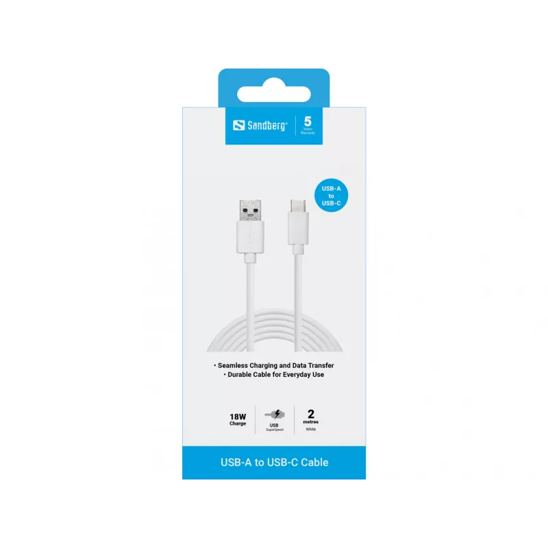 Sandberg USB-C 3.1 USB-A 3.0 2M, 2 m, USB C, USB A, USB 3.2 Gen 1 (3.1 Gen 1), Isane/Isane, Valge