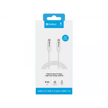 Sandberg USB-CC USB 3.2 Gen2 100W, 1M, 1 m, USB C, USB C, USB 3.2 Gen 2 (3.1 Gen 2), 10 Gbit/s, Valge