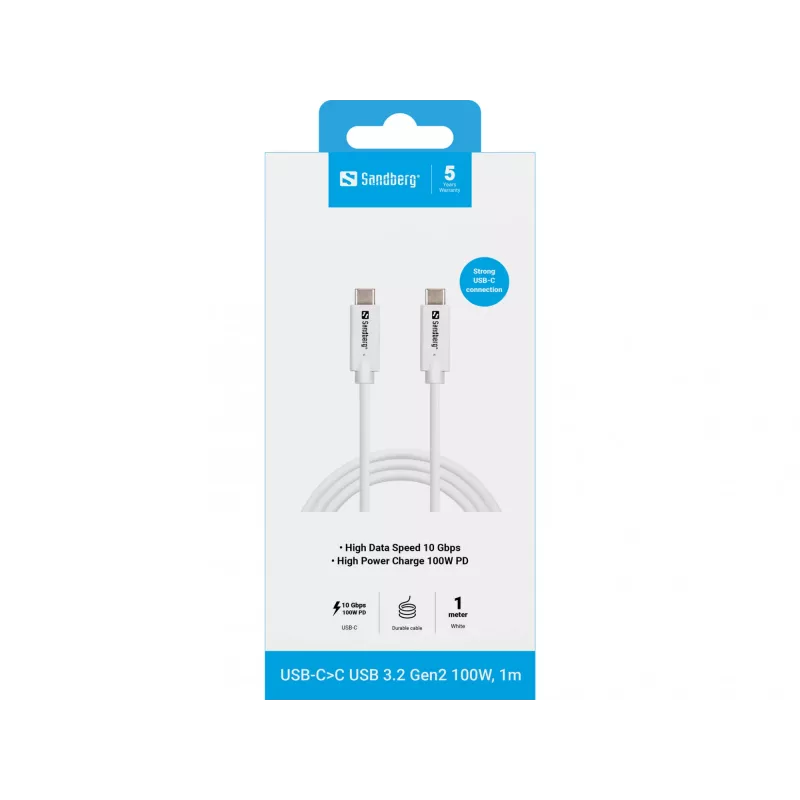 Sandberg USB-CC USB 3.2 Gen2 100W, 1M, 1 m, USB C, USB C, USB 3.2 Gen 2 (3.1 Gen 2), 10 Gbit/s, Valge