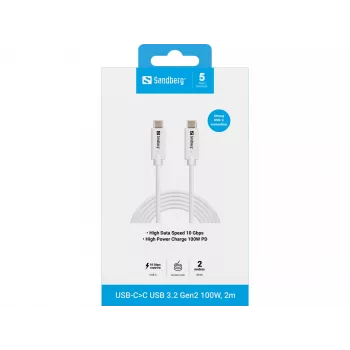Sandberg USB-C>C USB 3.1 G2 100W 2M kaabel, valge